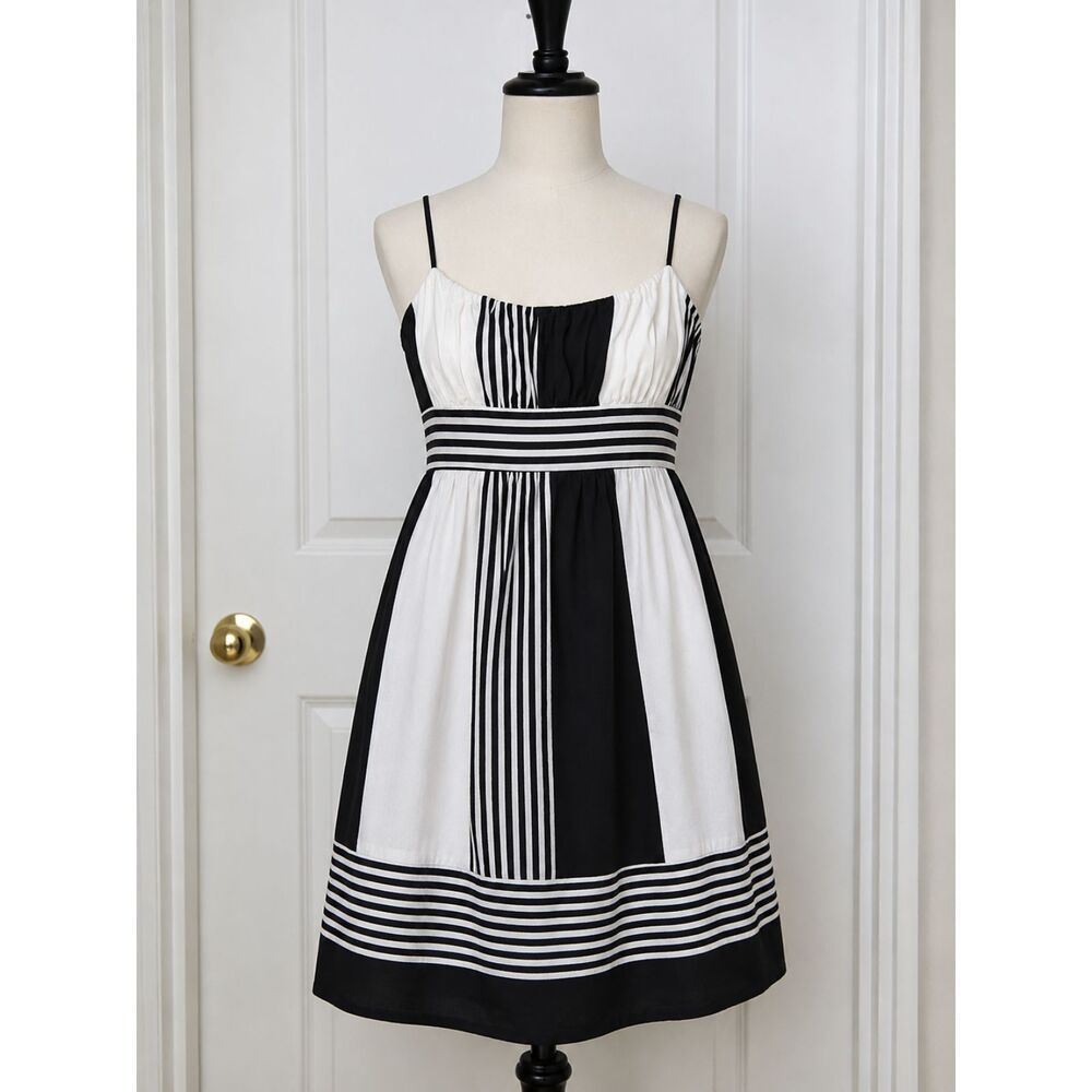 100% Cotton Ann Taylor Size 6 Navy and White Striped Empire Waist midi Sundress
